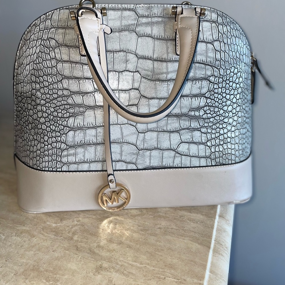 Silver and Cream Croc-Embossed Satchel
